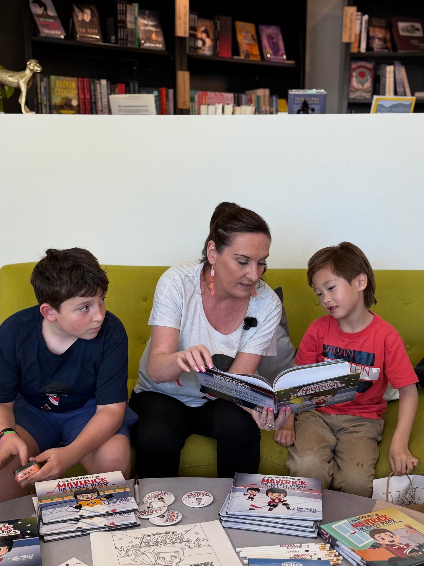 Kids reading The Adventures of Maverick the Hockey Player books